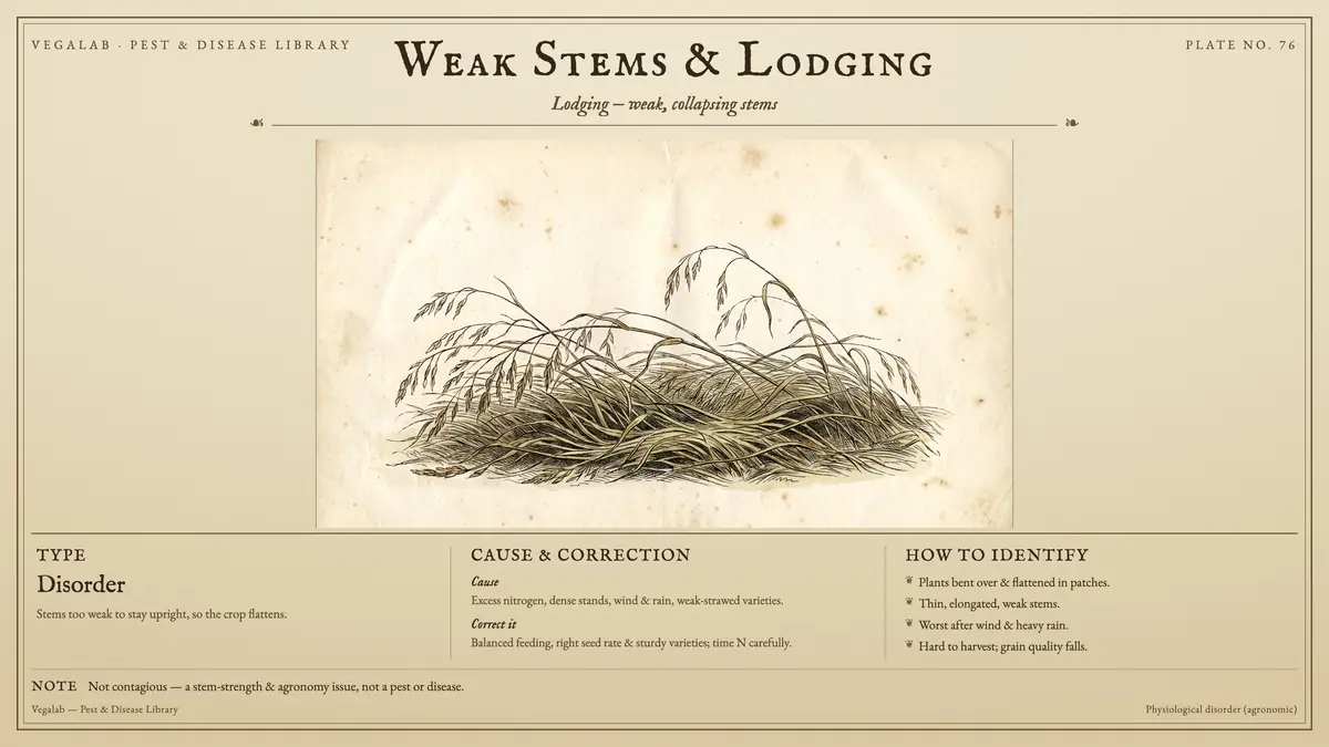 Identification plate for weak stems & lodging: disorder, size shown to scale, with not contagious - a stem-strength & agronomy issue, not a pest or disease..
