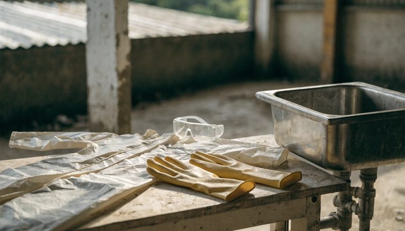 Clean protective coveralls, gloves and goggles laid out beside a washdown point.