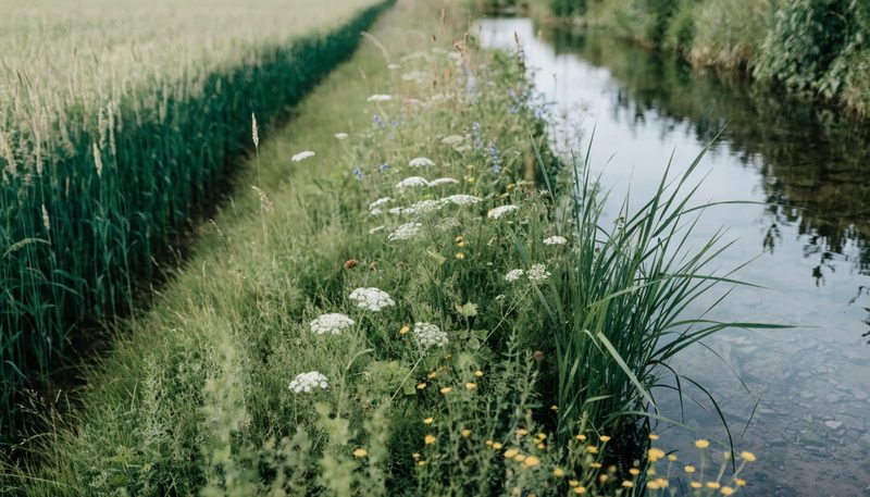 A grassed and wildflower buffer strip between a crop edge and a watercourse.