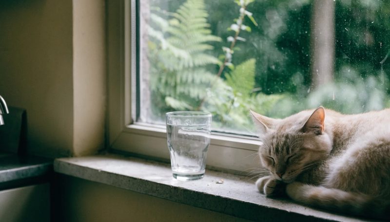 A cat asleep on an indoor windowsill.