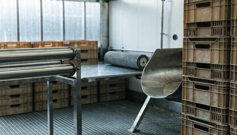 A clean empty produce packing line with stainless surfaces and plain crates.
