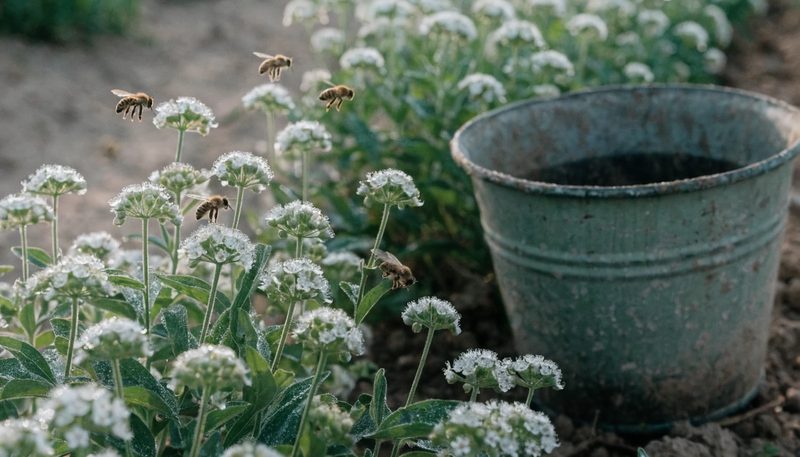 Honeybees working a flowering crop in early morning light.