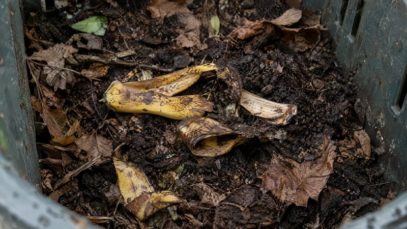 Browning banana peels on dark crumbly compost with dry leaves in a home compost bin.