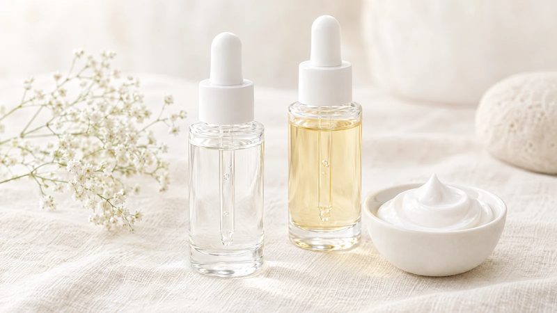 Two plain glass dropper bottles with clear and pale golden serums next to a swirl of white cream on pale linen.