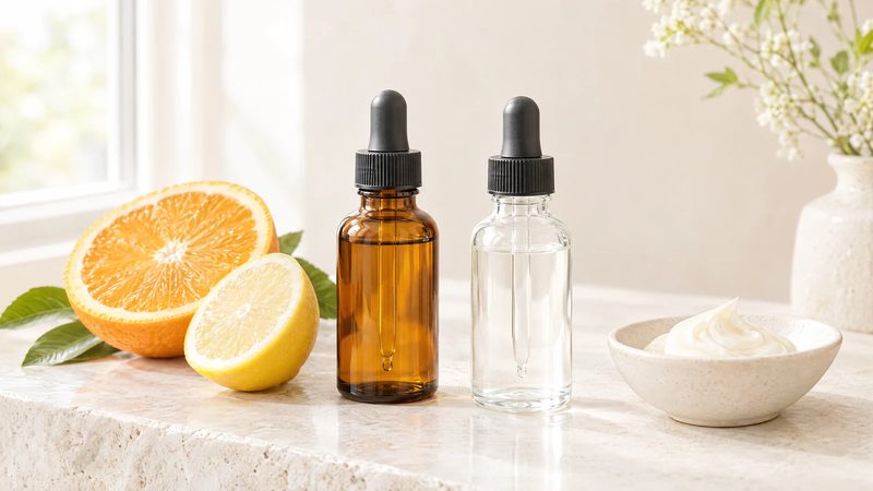 Two unlabeled glass dropper bottles beside halved citrus fruit and a dish of cream on a pale stone surface in soft daylight.