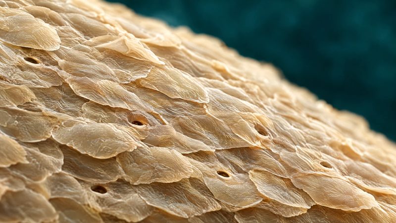 Microscope-style texture of skin surface cells and a few small pores in warm ivory on a deep teal background.