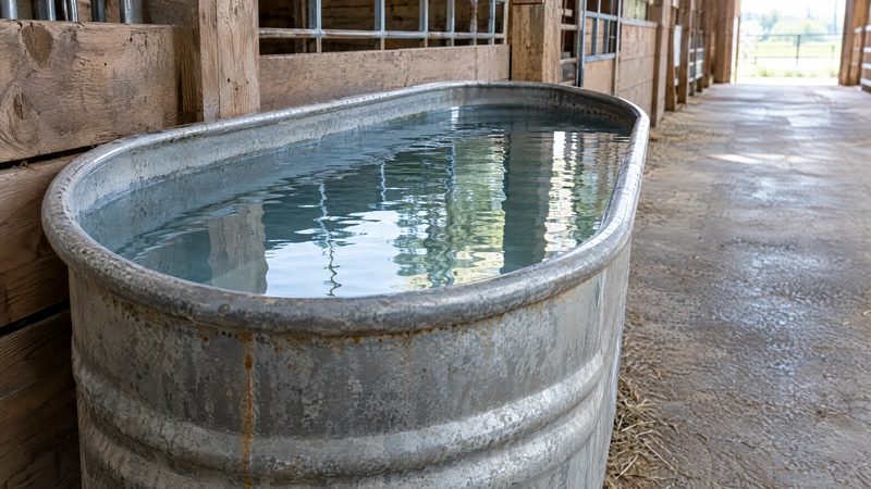 Galvanized water trough filled with clear water in a clean, empty barn alley in morning light.