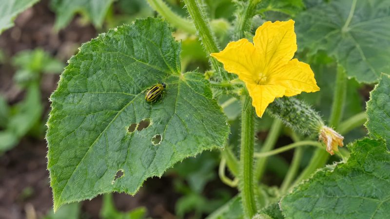 One yellow and black striped cucumber beetle on a green cucumber leaf with a few small holes, beside a yellow cucumber flower.
