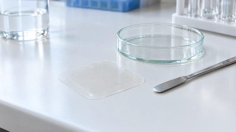 An unbranded clear adhesive patch on a white lab bench next to a glass petri dish and a steel spatula.