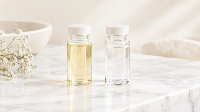 Two small clear glass vials, one with pale straw-colored liquid and one with clear serum, on white marble.