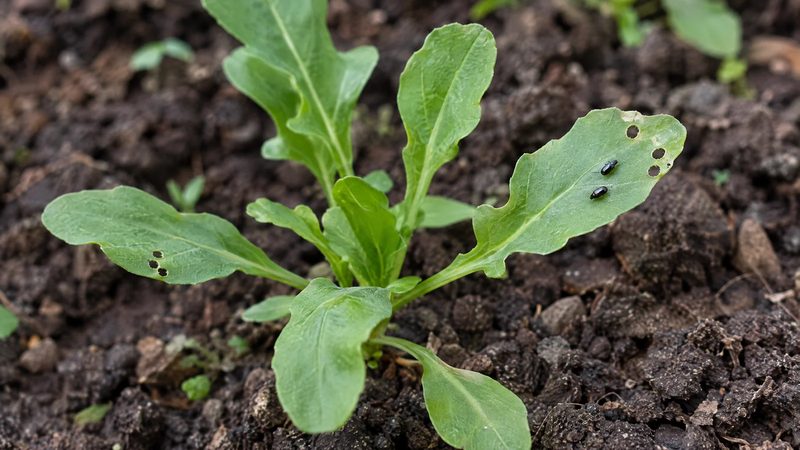 Two tiny black flea beetles on a young arugula leaf with a few small round holes, beside healthy green seedling leaves.