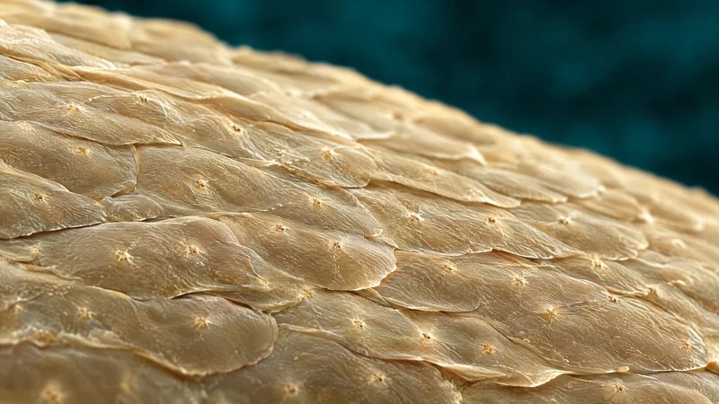 Microscope-style texture of smooth skin surface cells with a faint pattern of tiny points in warm ivory on deep teal.