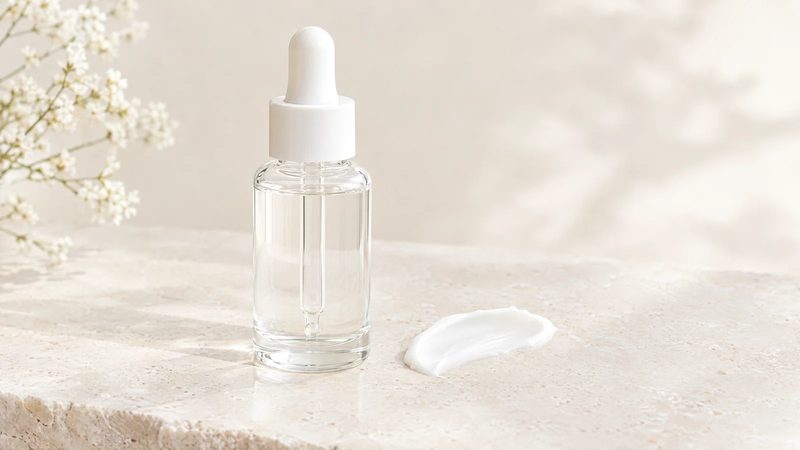 A clear unlabeled glass dropper bottle and a smear of white cream on pale stone in soft daylight.