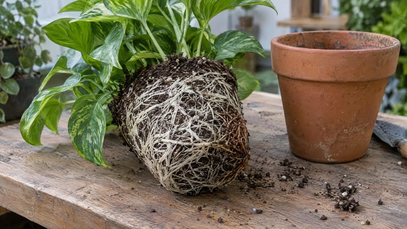 Houseplant root ball out of its pot, with mostly white healthy roots and a small patch of brown roots.