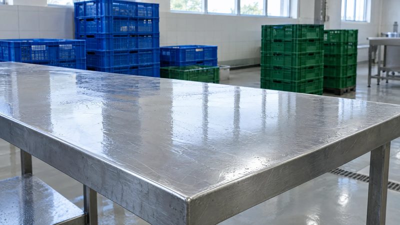 A freshly cleaned stainless steel work table in a food processing room.