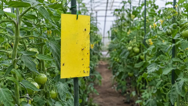 Yellow sticky monitoring card among green tomato plants in a greenhouse, holding a few trapped small insects.