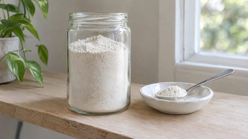 Fine off-white diatomaceous earth powder in a plain glass jar and on a small white dish on a wooden shelf.