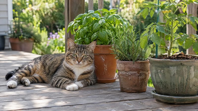 A tabby cat resting on a sunny porch next to healthy potted herbs and a tomato seedling.