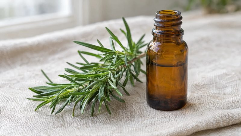 A fresh rosemary sprig next to a small unlabeled amber glass bottle on a linen cloth.