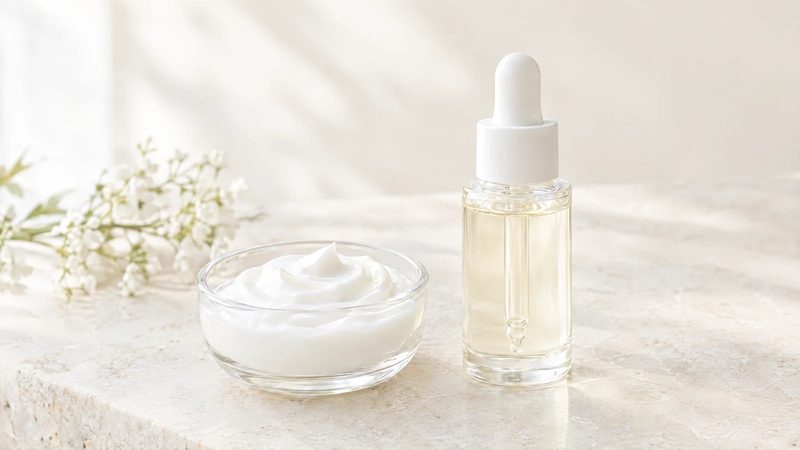 A clear glass dish of white cream and a clear glass dropper bottle of pale serum on a light stone surface in bright, soft light.