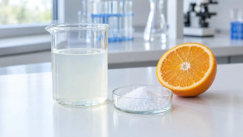 Clear glass beaker of milky liquid next to a dish of white crystalline powder and a halved orange on a white lab bench.