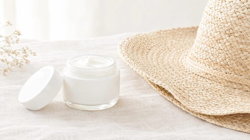 An open plain white cream jar beside a folded straw sun hat on pale linen in bright daylight.