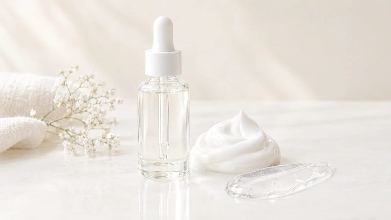 Plain glass dropper bottle, a swirl of white cream and a smear of clear gel on a bright white surface.