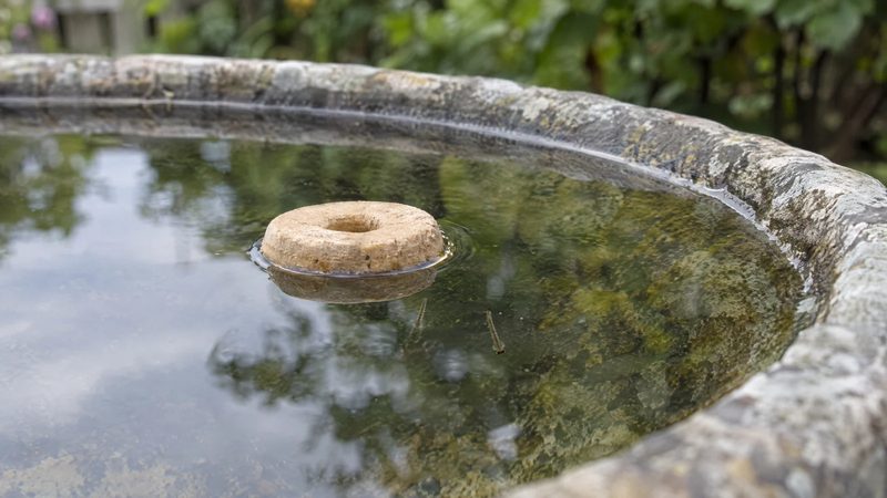 A small tan ring-shaped larvicide briquet floats in a stone birdbath, with a few mosquito larvae visible under the water surface.