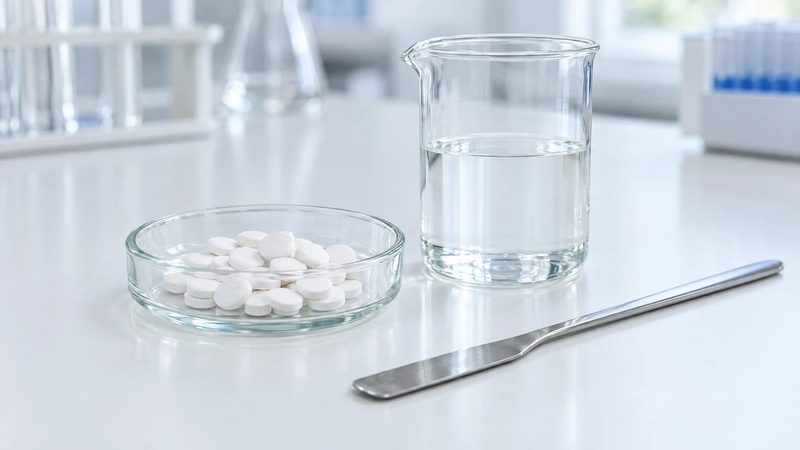 White unmarked tablets in a glass dish next to a beaker of clear liquid on a white lab bench.