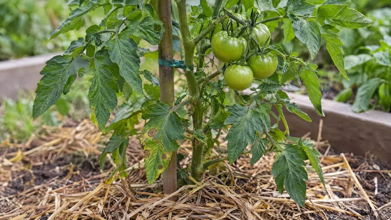 Staked tomato plant over straw mulch with a few brown ringed spots on one lower leaf and healthy upper foliage.