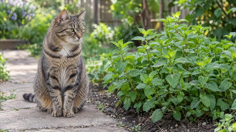 A tabby cat sitting on a garden path near a bed of peppermint plants.