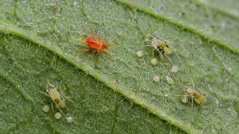 An orange-red, long-legged predatory mite on the underside of a green leaf next to a few smaller pale spider mites and their eggs.