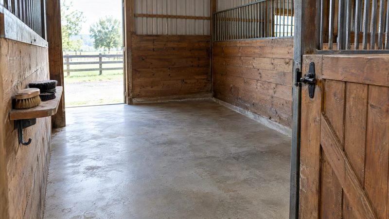 Clean, empty horse stall with swept concrete floor and grooming brushes on a wooden shelf in daylight.