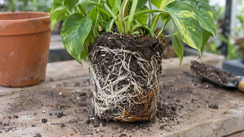 A houseplant root ball out of its pot, mostly white roots with a small section of brown rotted roots at the base.