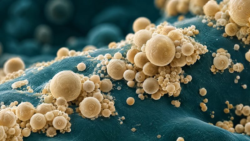 Micrograph-style texture of small round vesicles of varied sizes in ivory on a deep teal background.