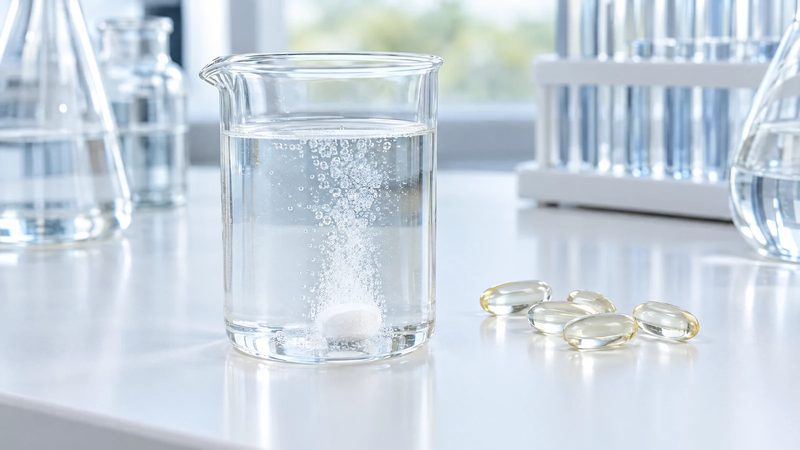 A white tablet dissolving in a glass beaker of water next to translucent softgel capsules on a laboratory bench.