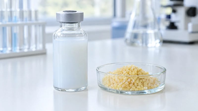 Glass vial of milky white liquid next to a dish of pale yellow lecithin granules on a white laboratory bench.