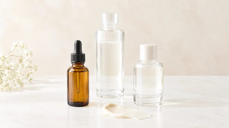 Three unlabeled glass bottles spaced apart on a white surface with a smear of pale cream in soft daylight.